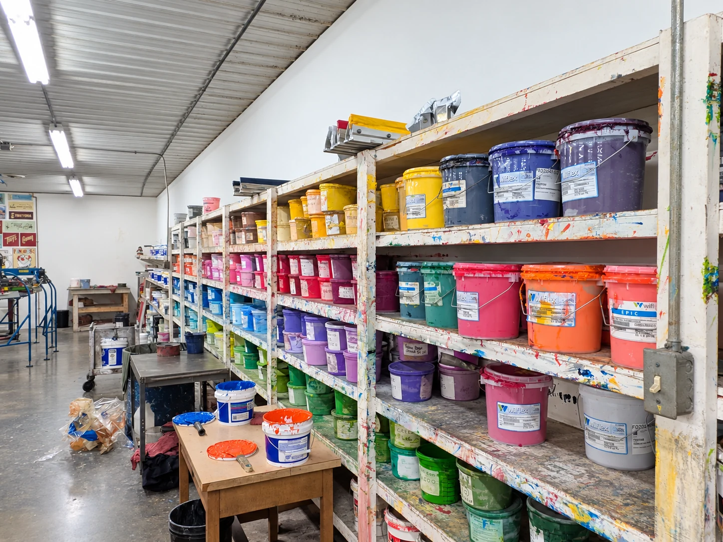Edited photo: Shelves of printing inks in different colors inside Del Print’s shop