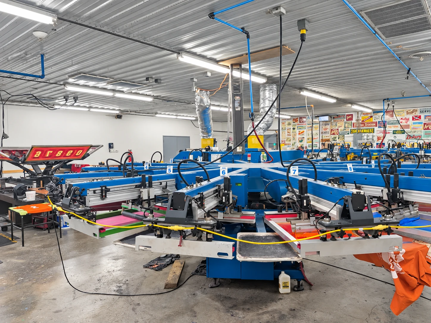 Edited photo: Wide view of Del Print’s automatic screen printing press and surrounding work area
