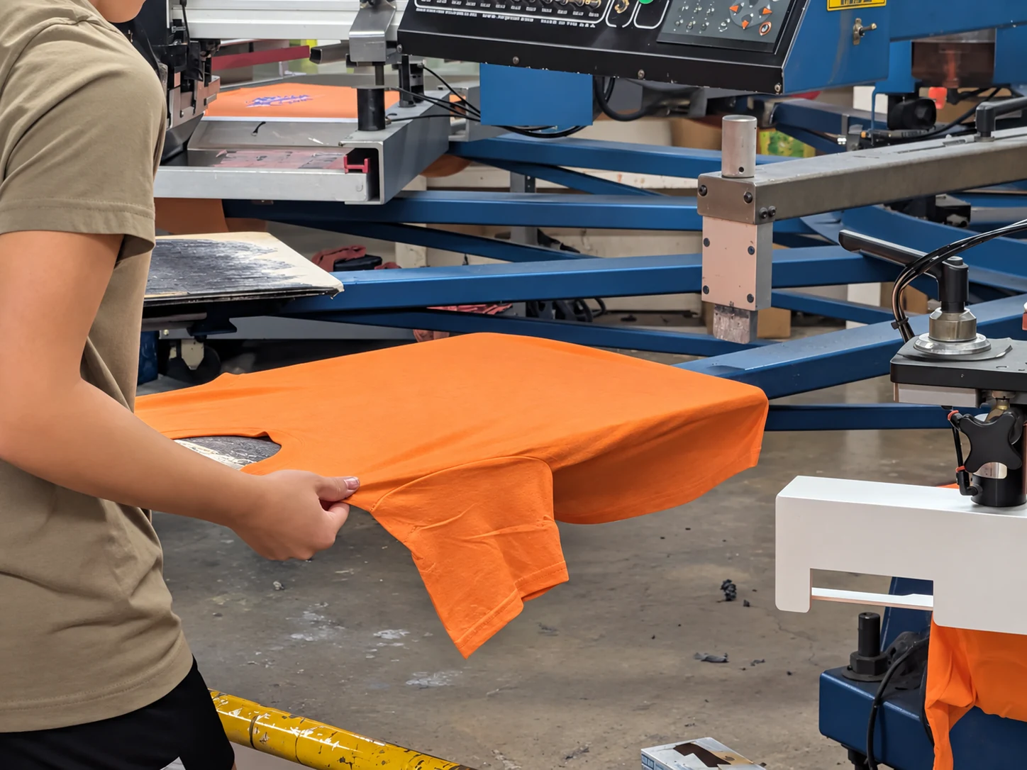 Edited photo: Close view of an employee positioning an orange shirt on a Del Print press